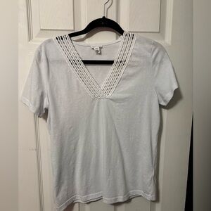 White Tribal Jeans Brand V-Neck Crochet Trim Tee - Women
